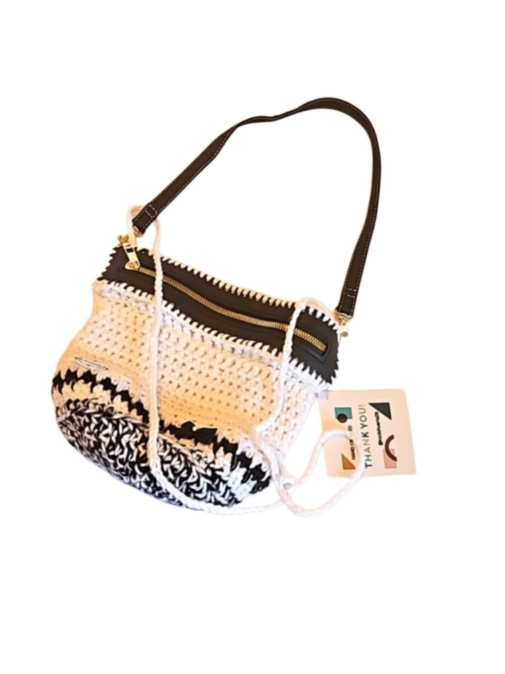 Hand Crafted Crochet Crossbody Bag Black & White Handmade Artisan Textile Art